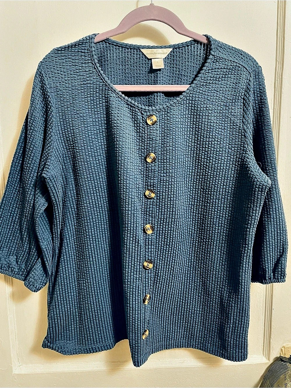 Christopher & Banks Textured Faux Button Front Top in Blue - Like New - Large